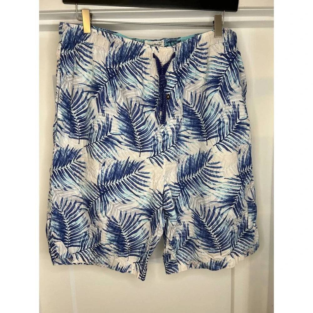 Tommy Bahama Mens XL Blue White Palm‎ Leaf Cotton Drawstring Shorts Tropical